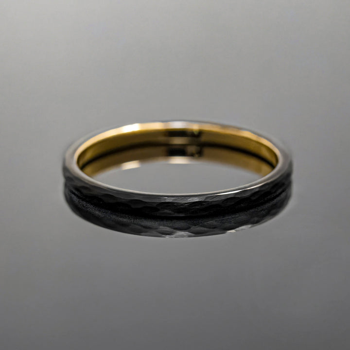 Black Obsidian Gold Hammered Tungsten Ring - in 2mm Width