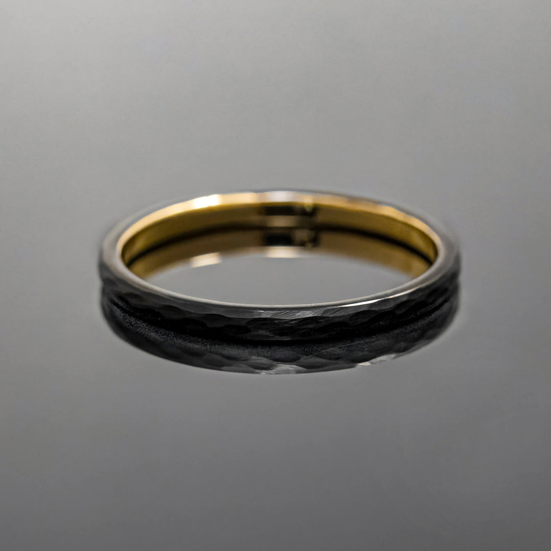 Black Gold Hammered Obsidian-Style Wedding Band Set | His and Hers | 2mm/6mm Bands