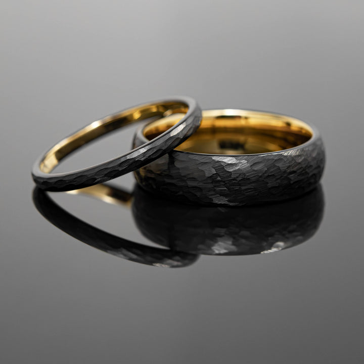 Black Gold Hammered Obsidian-Style Wedding Band Set | His and Hers | 2mm/6mm Bands