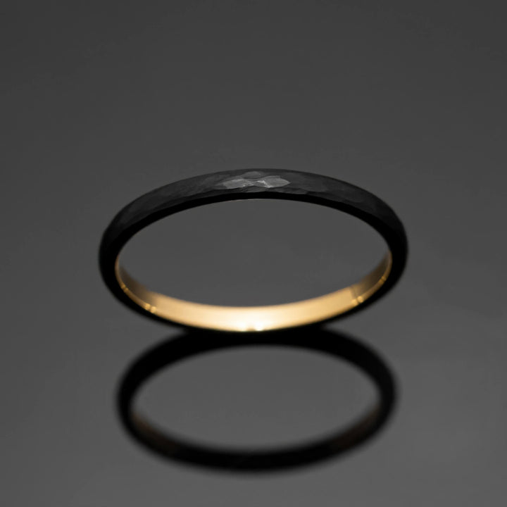 Black Obsidian Gold Hammered Tungsten Ring - in 2mm Width