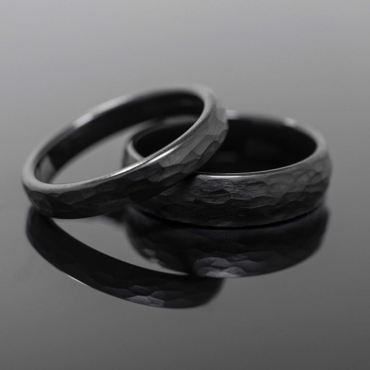 Black Hammered Obsidian Tungsten Wedding Band Set | His and Hers |4mm/6mm Bands