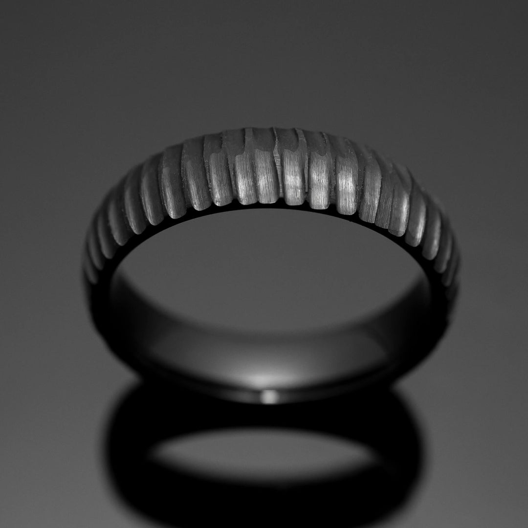 Black Obsidian Hammered Ridge Tungsten Wedding Band Ring - in 6mm Width