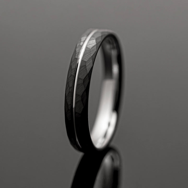 Black Hammered Silver Obsidian Tungsten Wedding Band - in 4mm Width