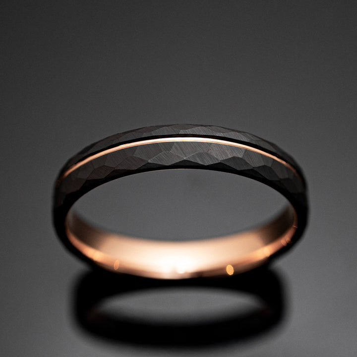 Black Hammered Rose Gold Obsidian Tungsten Wedding Band - in 4mm Width
