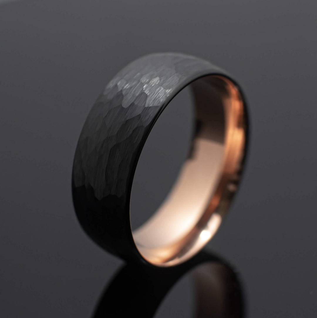 Black Rose Gold Hammered Obsidian-Style Wedding Band Set | His and Hers | 4mm/8mm Bands