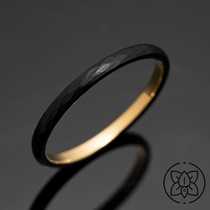 Black Obsidian Gold Hammered Tungsten Ring - in 2mm Width