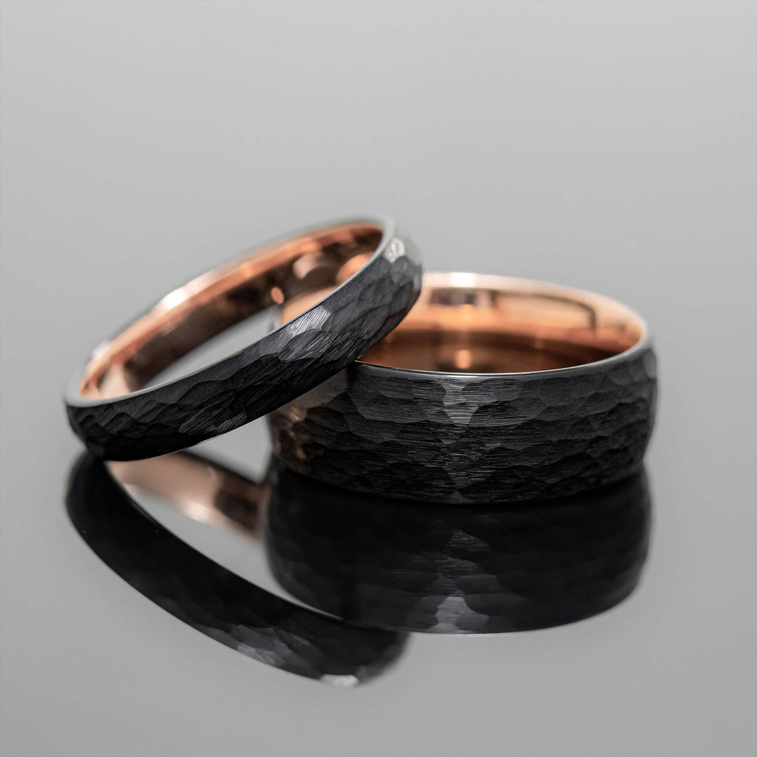 Black Rose Gold Hammered Obsidian-Style Wedding Band Set | His and Hers | 4mm/8mm Bands