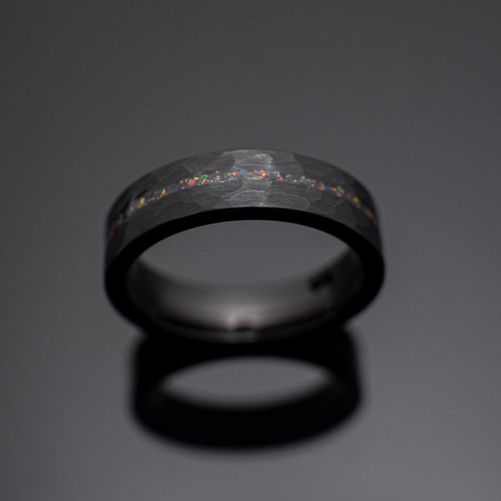 Black Hammered Obsidian-style Wedding Ring, Bello opal - in 6mm Width