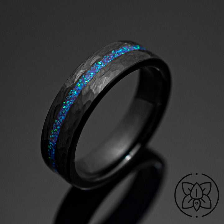 Neptune Opal Black Hammered Obsidian-style Wedding Ring in 6mm