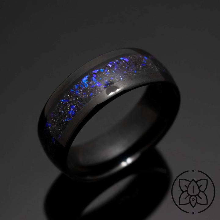 Black POLISHED Orion Nebula Obsidian-style Wedding Ring, blue sandstone - in 8mm Width