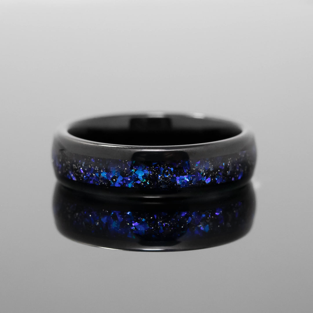 Black Orion Nebula Obsidian-style Wedding Ring, blue sandstone - in 6mm Width