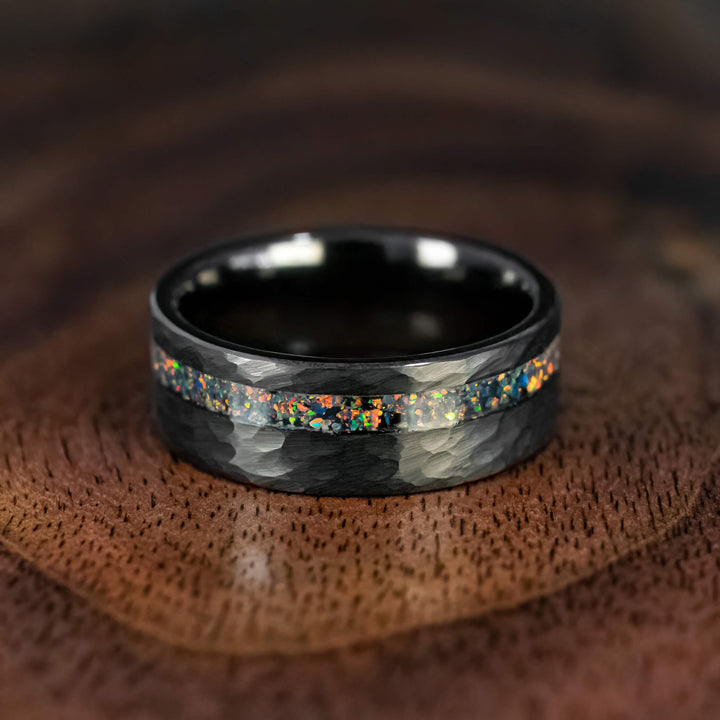 Black Hammered Obsidian-style Bello Opal Wedding Ring - in 8mm Width