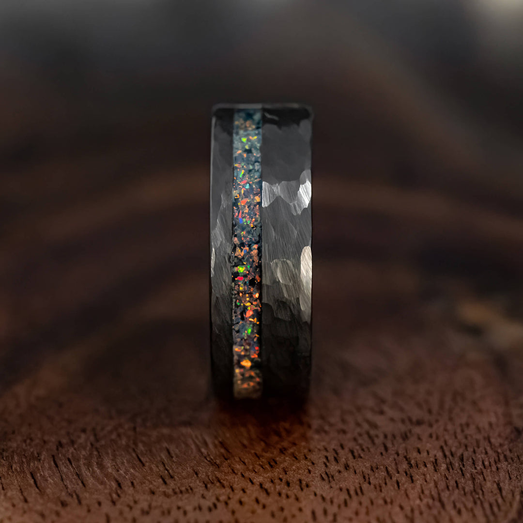 Black Hammered Obsidian-style Bello Opal Wedding Ring - in 8mm Width