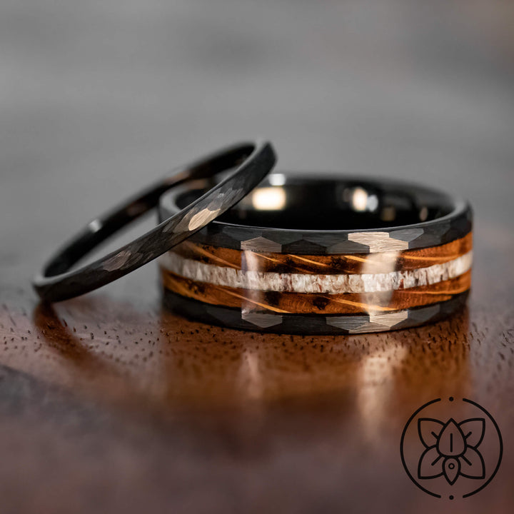 Black Hammered Charred Whiskey Barrel Antler Wedding Ring Set | His and Hers | 2mm/8mm Bands