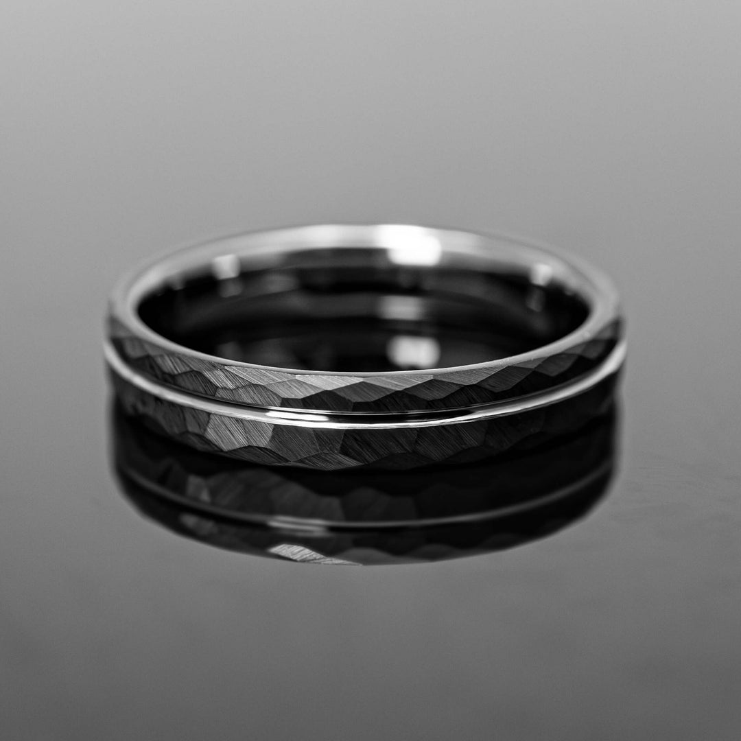 Black Hammered Silver Obsidian Tungsten Wedding Band - in 4mm Width