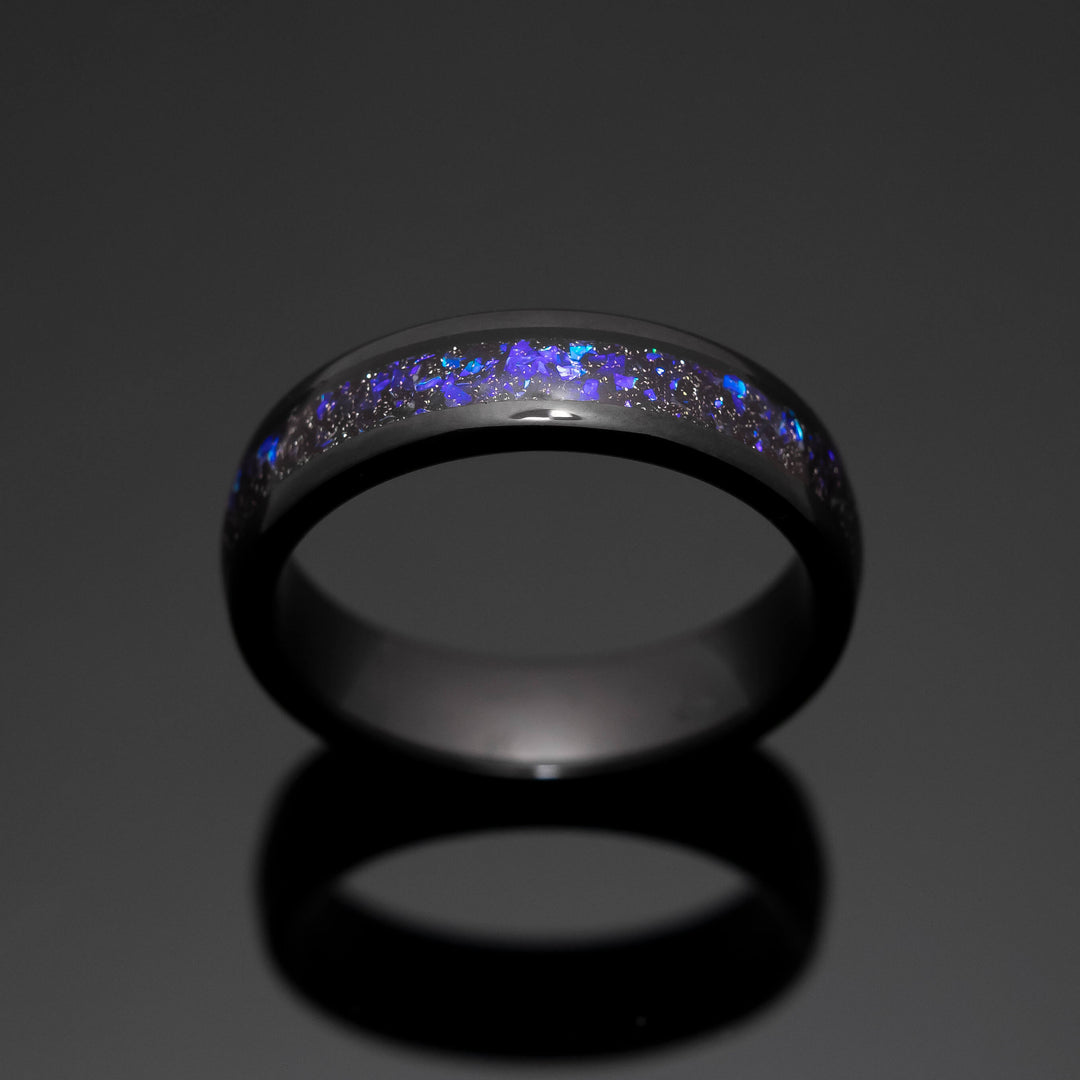 Black Orion Nebula Obsidian-style Wedding Ring, blue sandstone - in 6mm Width