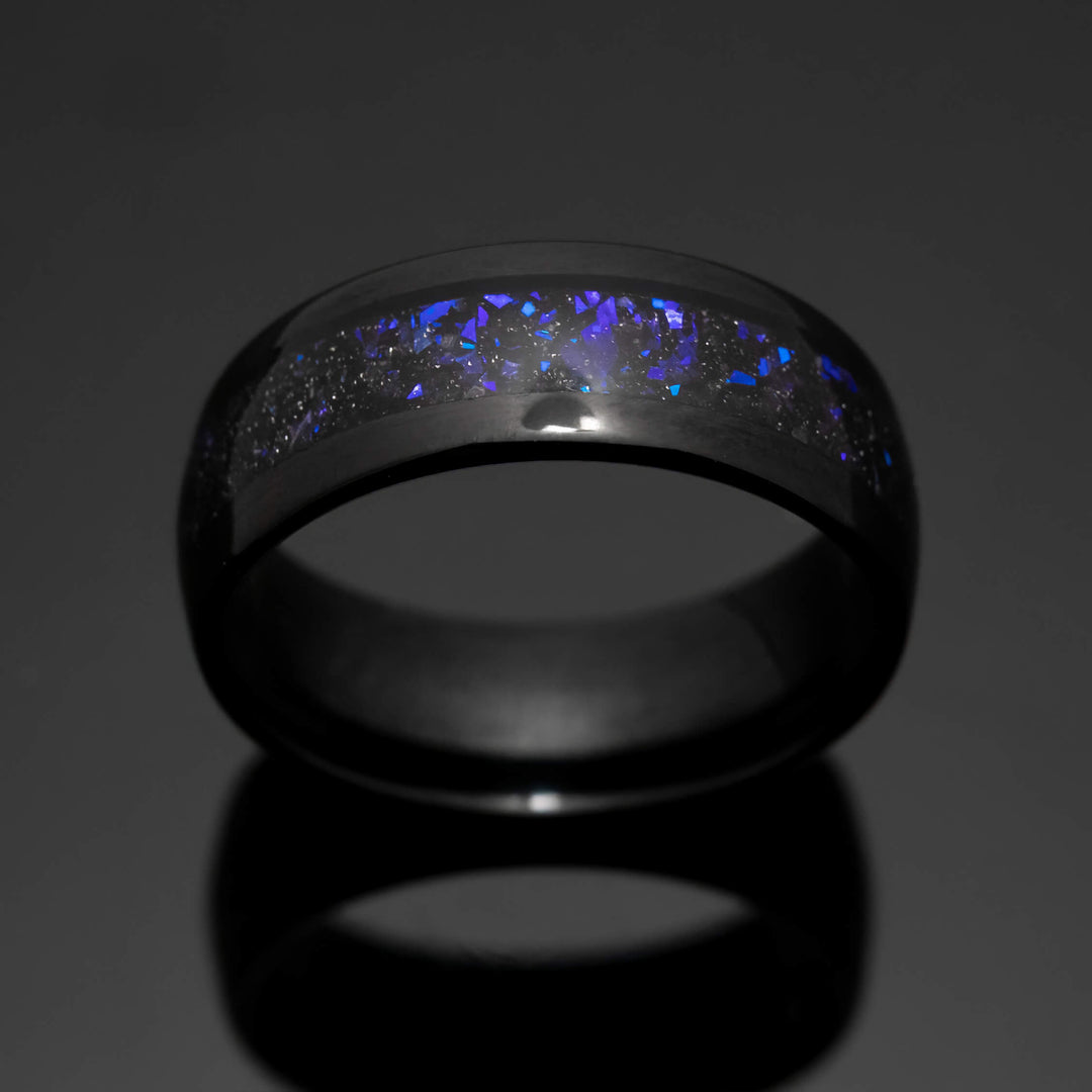 Black POLISHED Orion Nebula Obsidian-style Wedding Ring, blue sandstone - in 8mm Width