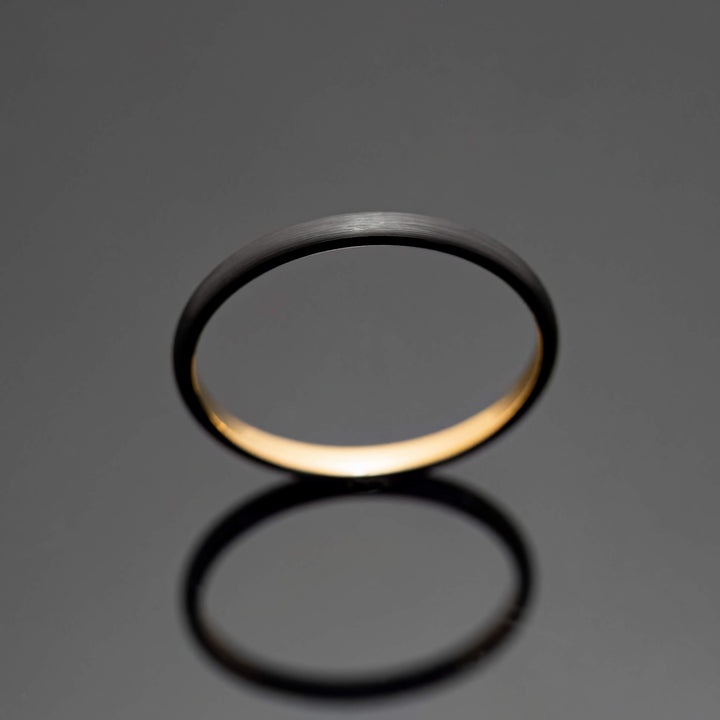 Black Obsidian Brushed Tungsten Ring with gold inlay - in 2mm Width