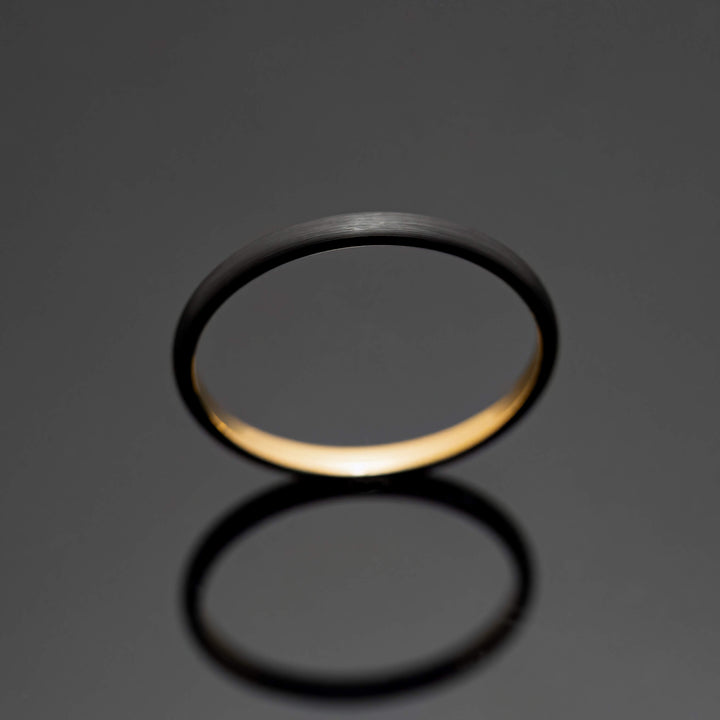 Black Brushed Obsidian-Style Gold Wedding Band Set | His and Hers | 2mm/5mm Bands