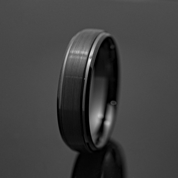 Black Obsidian Style Tungsten Ridged Wedding Ring - in 6mm Width