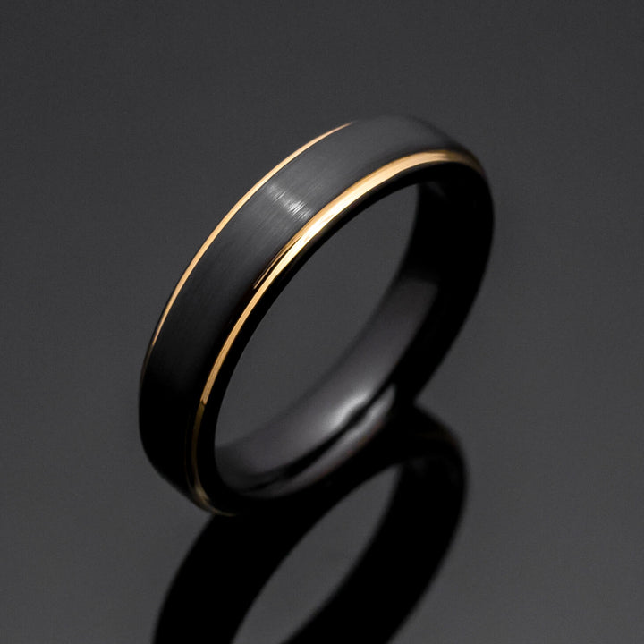 Black Brushed Obsidian-Style Gold Wedding Band Set | His and Hers | 2mm/5mm Bands