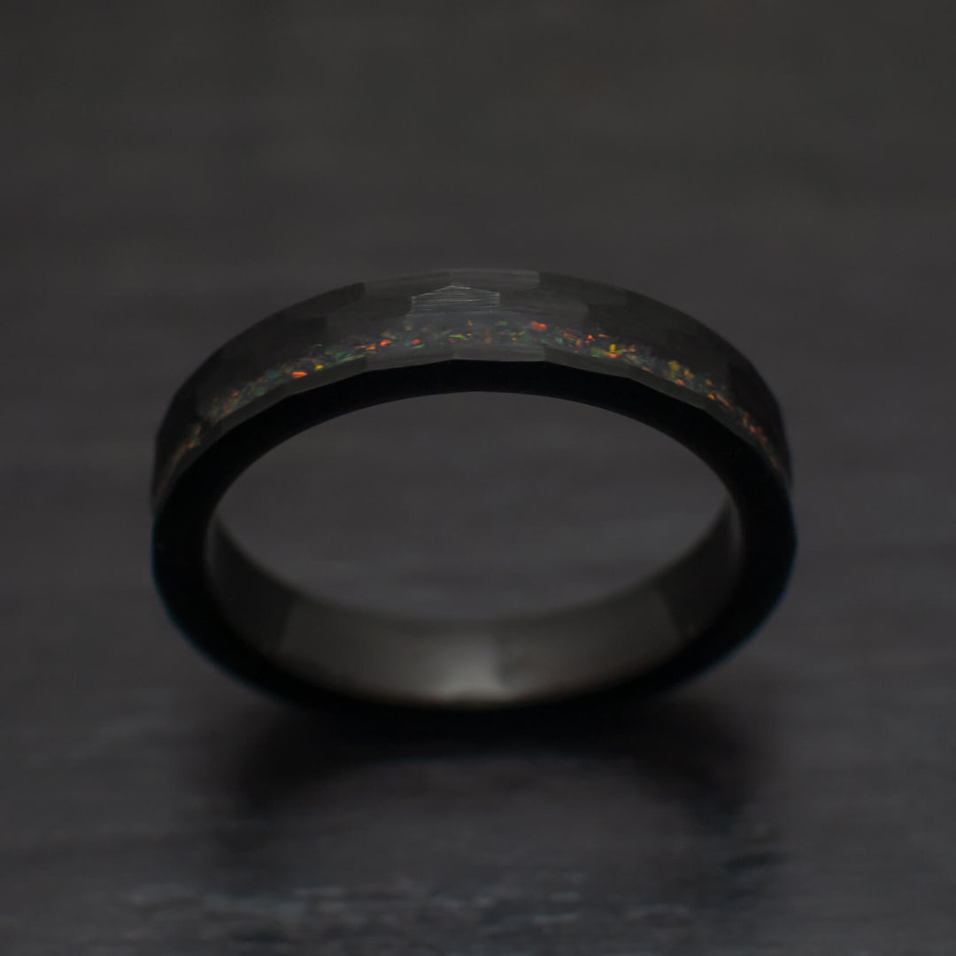 Black Hammered Wedding Ring, Black obsidian opal - in 4mm Width
