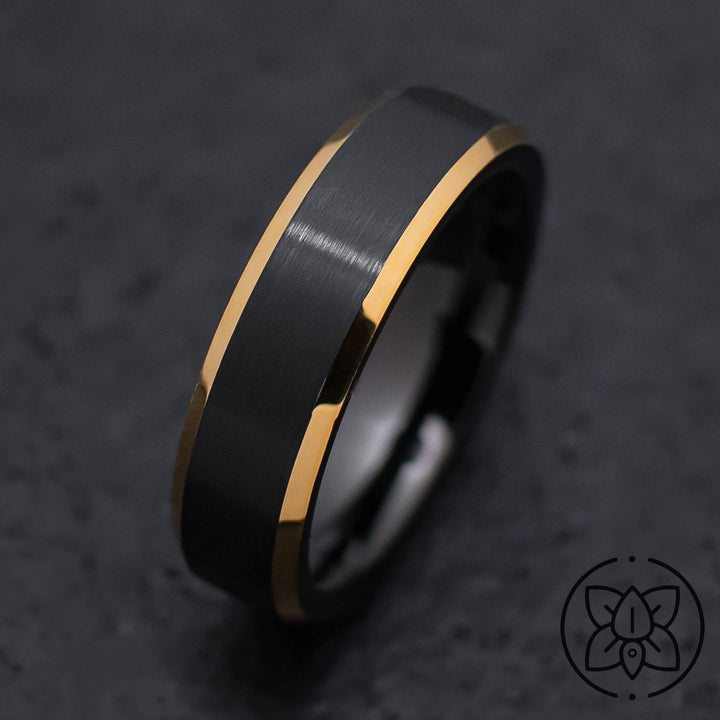 Black Gold Beveled Obsidian Tungsten Wedding Band Ring