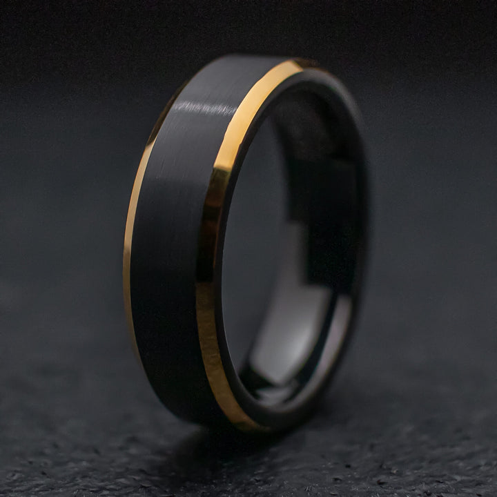 Black Gold Beveled Obsidian Tungsten Wedding Band Ring