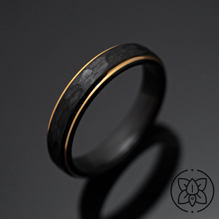 Black Obsidian Hammered Gold Tungsten Carbide Ring - in 5mm Width