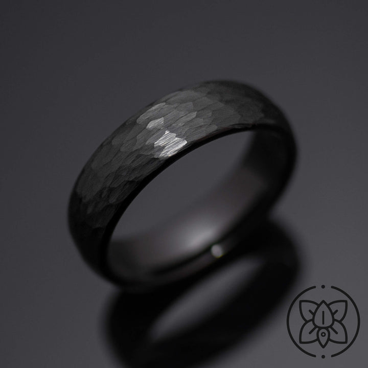 Black Hammered Obsidian Tungsten Wedding Band Set | His and Hers |4mm/6mm Bands