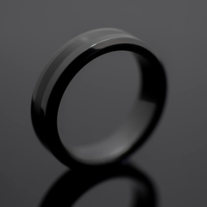 Black Obsidian Center Brush Tungsten Wedding Band - in 6mm Width