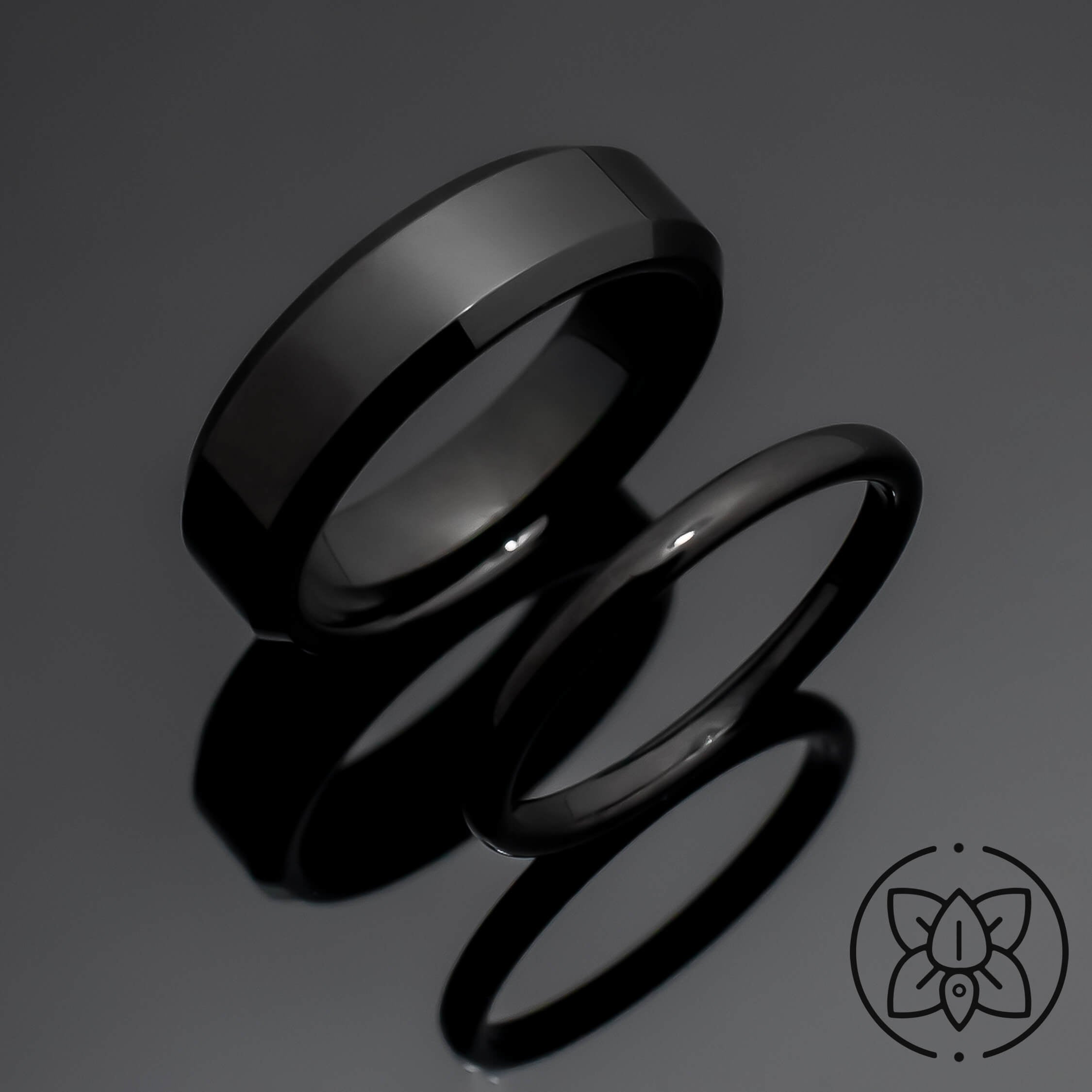 Black Obsidian Tungsten Wedding Ring Set His and Hers, 2mm and 6mm offers bands