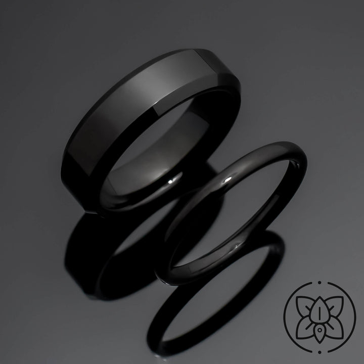 Black Obsidian-Style Wedding Band Set | His and Hers | 2mm/6mm Bands