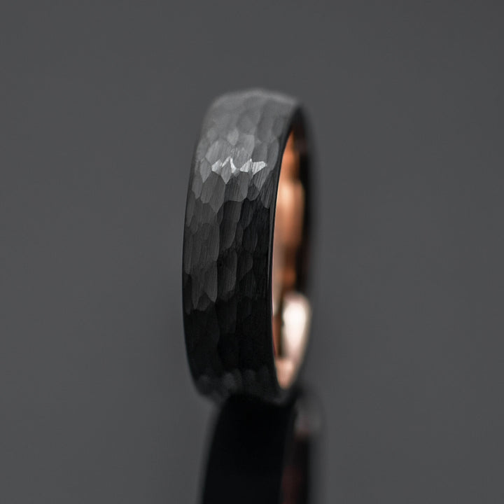 Hammered Black Rose Gold Obsidian Tungsten Carbide Wedding Band - in 6mm Width