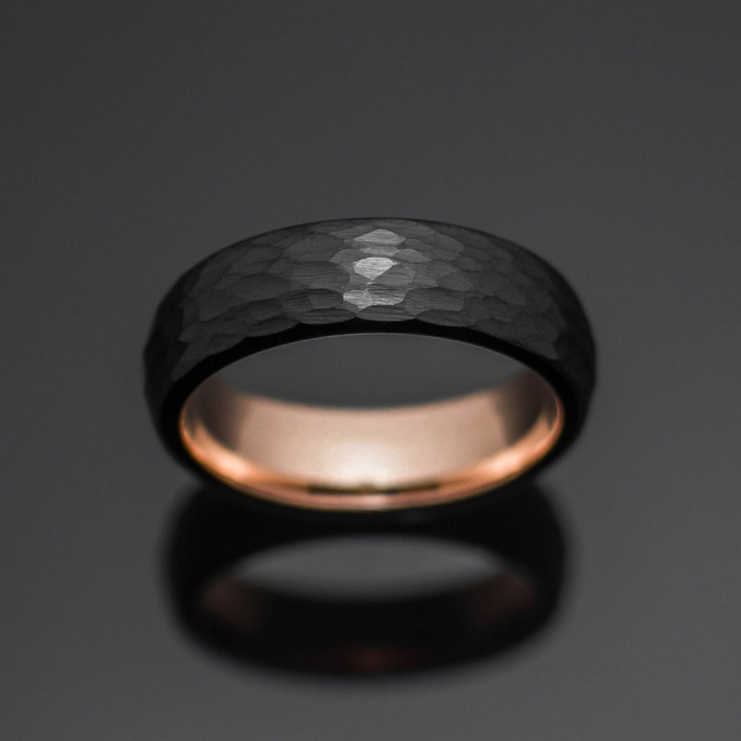 Hammered Black Rose Gold Obsidian Tungsten Carbide Wedding Band - in 6mm Width