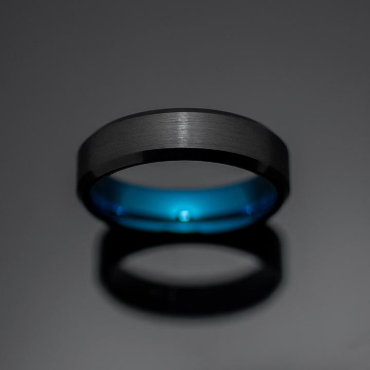 Black Obsidian Brushed Tungsten Wedding Band with Blue Inlay | His and Hers | 2mm/6mm Bands