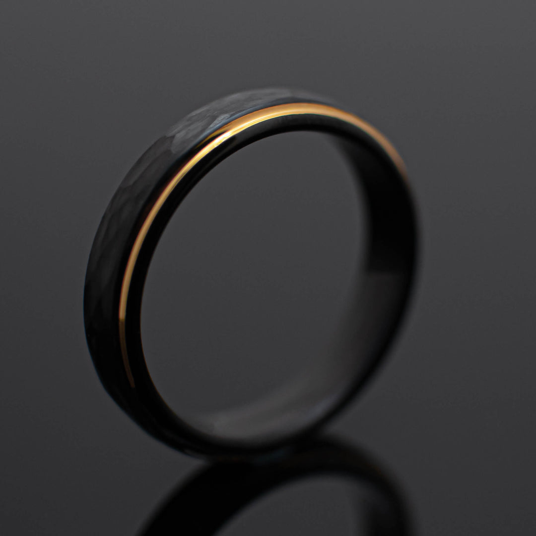 Black Obsidian Hammered Gold Tungsten Carbide Ring - in 5mm Width