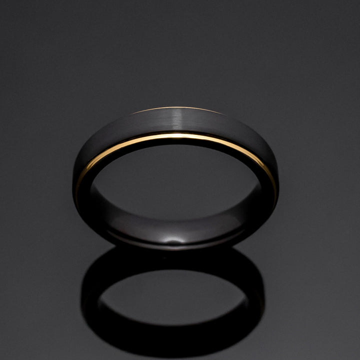 Black Brushed Obsidian-Style Gold Wedding Band Set | His and Hers | 2mm/5mm Bands