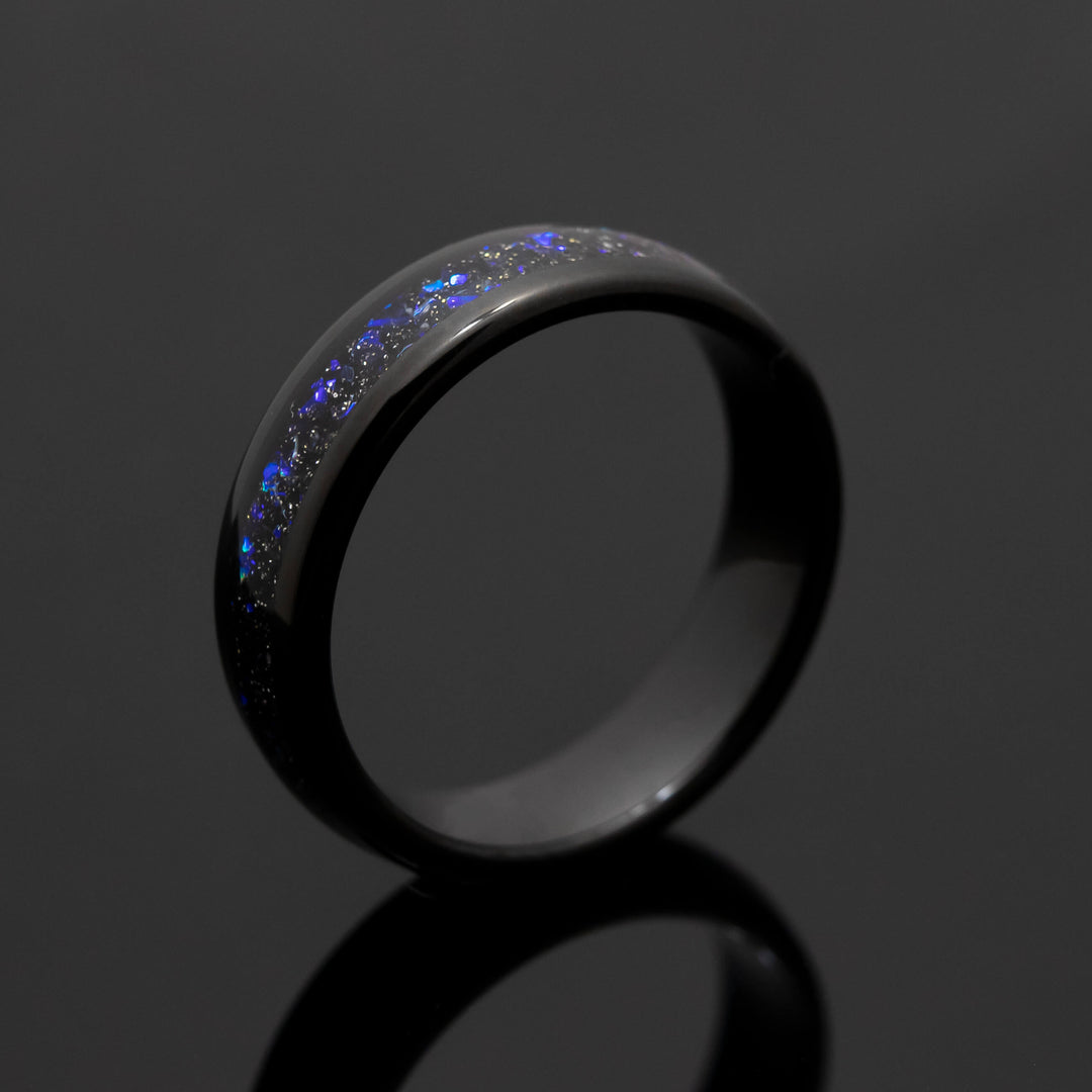 Black Orion Nebula Obsidian-style Wedding Ring, blue sandstone - in 6mm Width