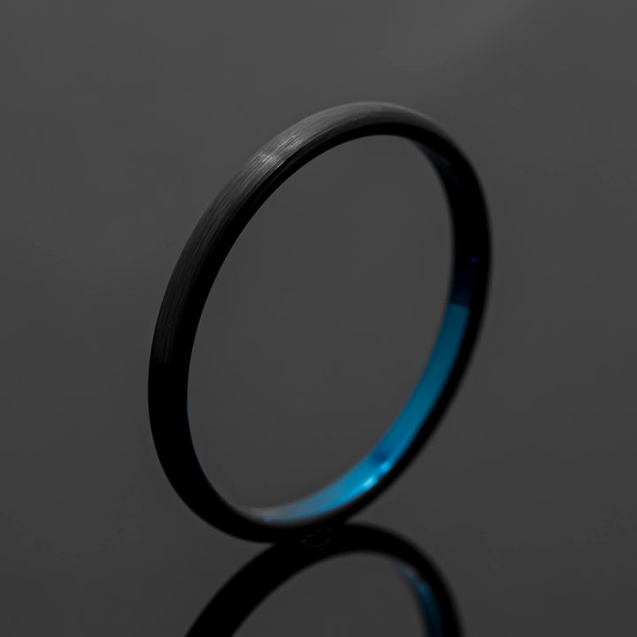 Black Obsidian Brushed with Blue Inlay Tungsten Ring - in 2mm Width