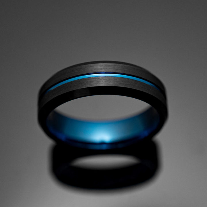 Black Obsidian Blue Brushed Tungsten Wedding Band - in 6mm Width