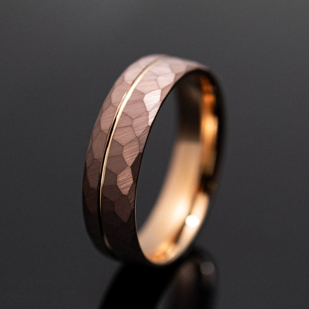 Coffee Bronze Hammered Rose Gold Tungsten Wedding Band - in 6mm Width
