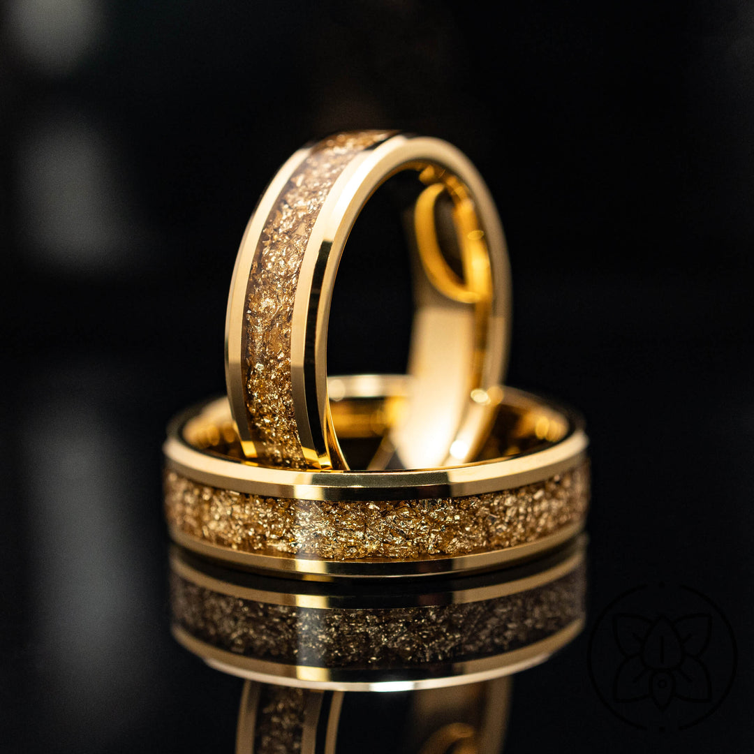 Gold 18k Gold Leaf Tungsten Wedding Band Ring - in 6mm Width