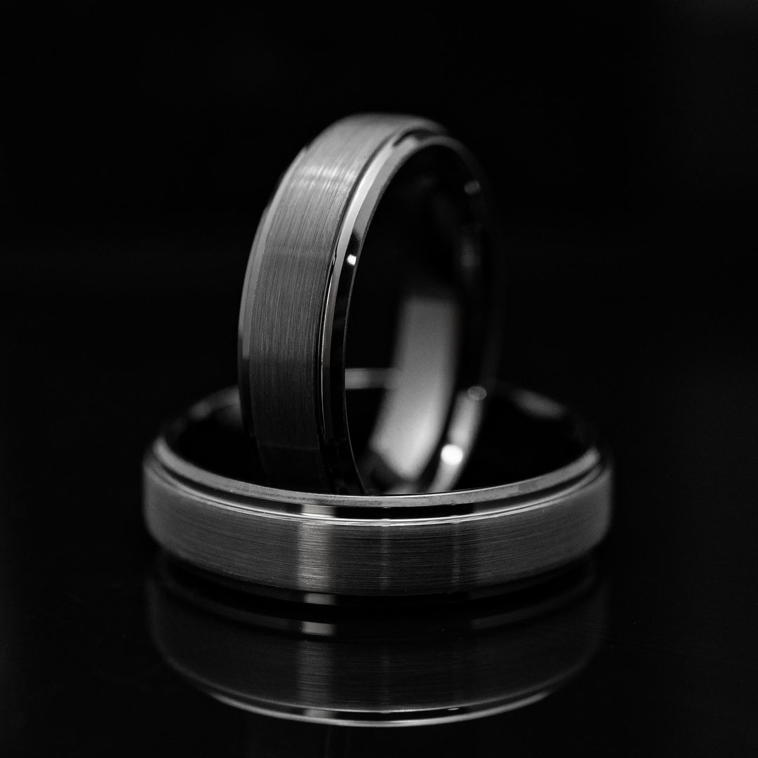 Black Obsidian Style Tungsten Ridged Wedding Ring - in 6mm Width