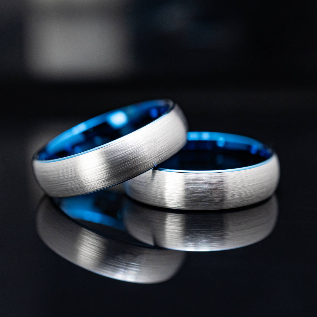 Silver Brushed Tungsten Wedding Ring with Blue inlay - in 6mm Width
