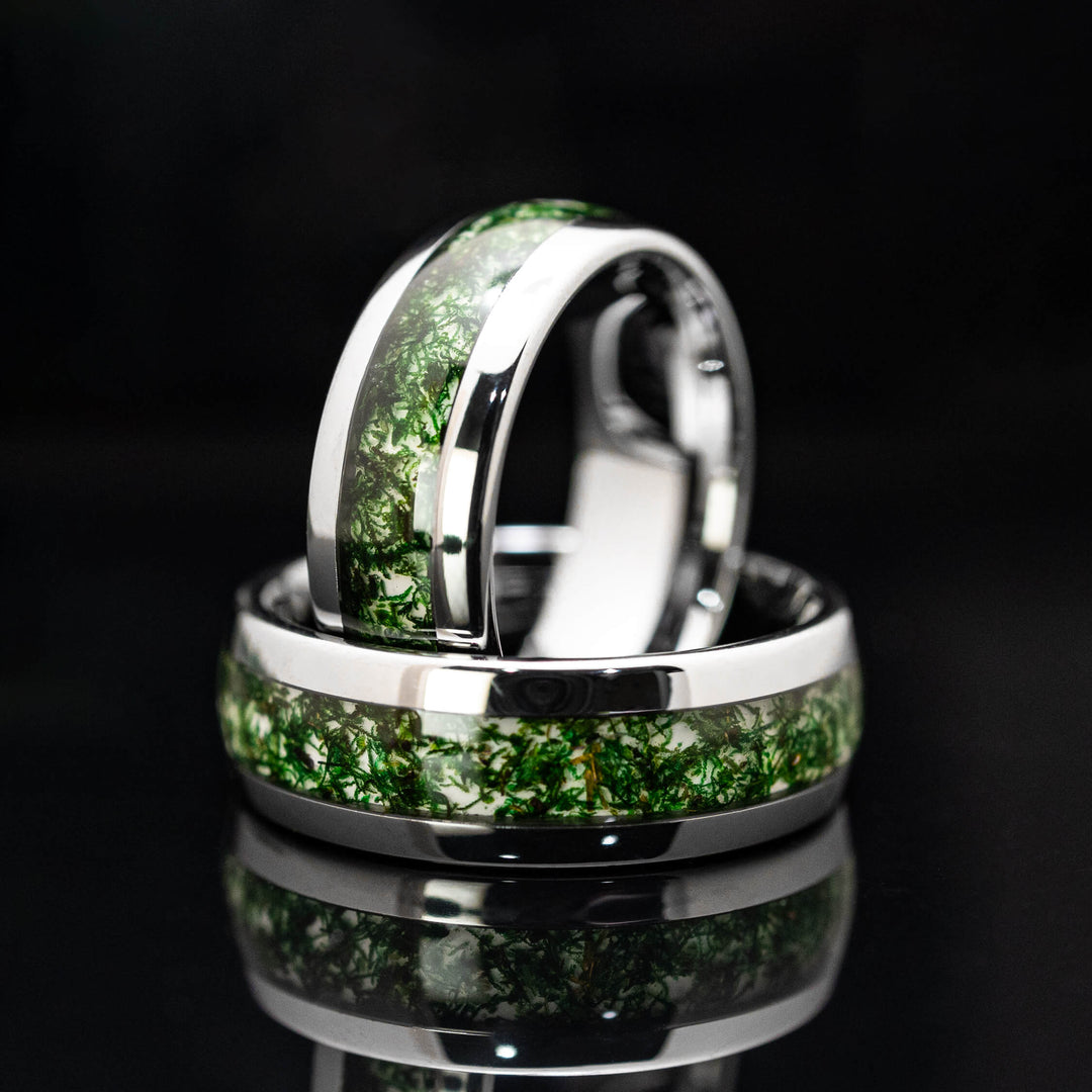Moss Agate Silver Tungsten Wedding Ring - in 8mm Width
