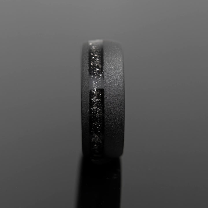 Black Meteorite Sandblasted Wedding Band Set | His and Hers | 2mm/8mm Bands