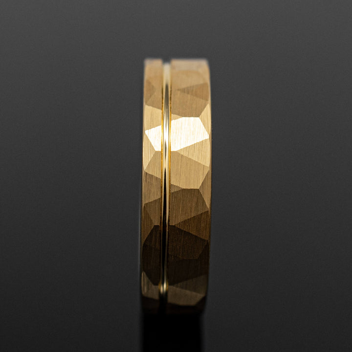 Gold Hammered Strip Wedding Ring - in 6mm Width