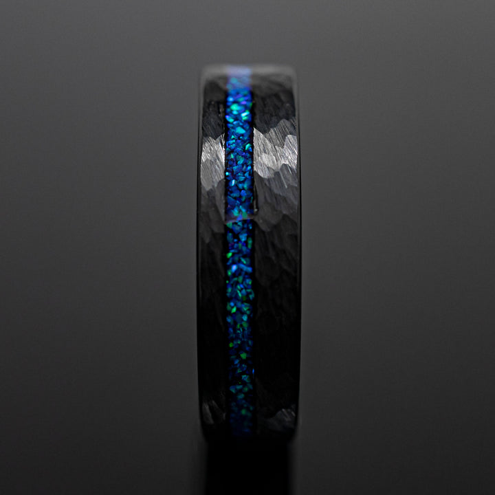 Neptune Opal Black Hammered Obsidian-style Wedding Ring in 6mm