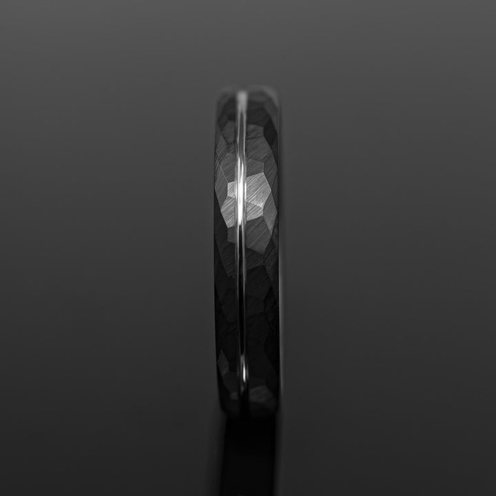 Black Hammered Silver Obsidian Tungsten Wedding Band - in 4mm Width